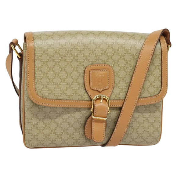 CELINE Macadam Canvas Shoulder Bag Beige Gold Auth 139137