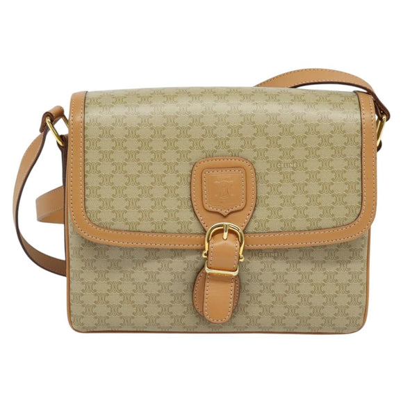 CELINE Macadam Canvas Shoulder Bag Beige Gold Auth 139137