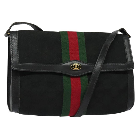 GUCCI GG Canvas Web Sherry Line Shoulder Bag Black Gold 37 04 3657 Auth 139159