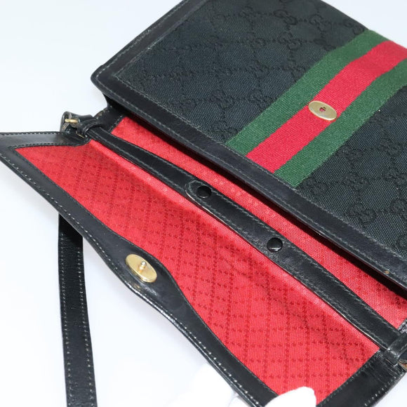 GUCCI GG Canvas Web Sherry Line Shoulder Bag Black Gold 37 04 3657 Auth 139159