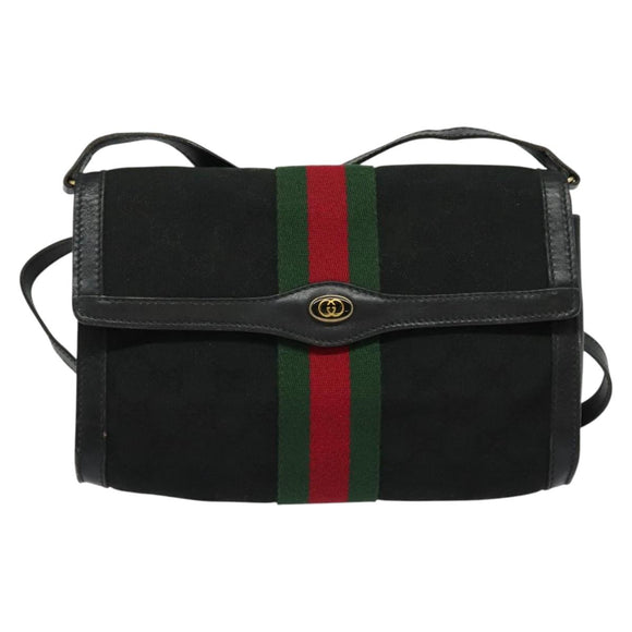 GUCCI GG Canvas Web Sherry Line Shoulder Bag Black Gold 37 04 3657 Auth 139159