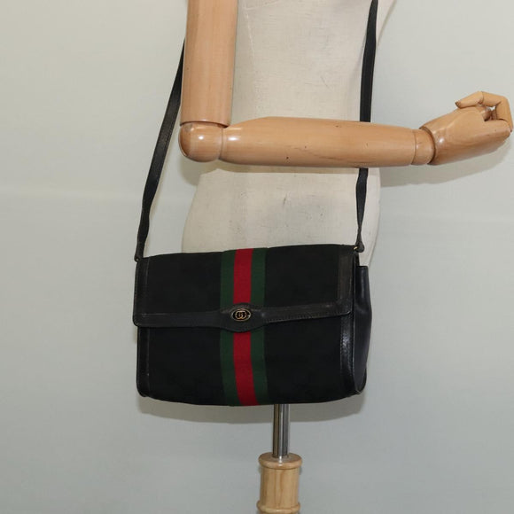 GUCCI GG Canvas Web Sherry Line Shoulder Bag Black Gold 37 04 3657 Auth 139159