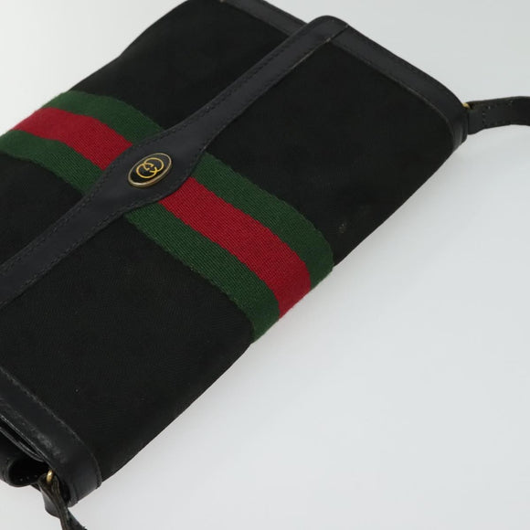 GUCCI GG Canvas Web Sherry Line Shoulder Bag Black Gold 37 04 3657 Auth 139159