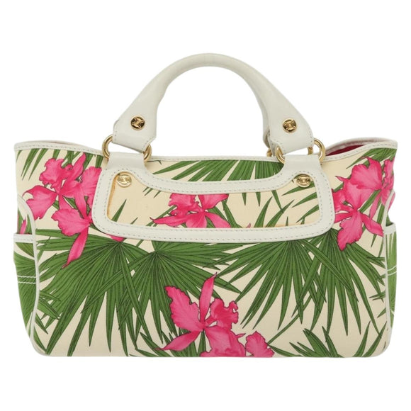 CELINE Hand Bag Canvas White Gold Auth 139166