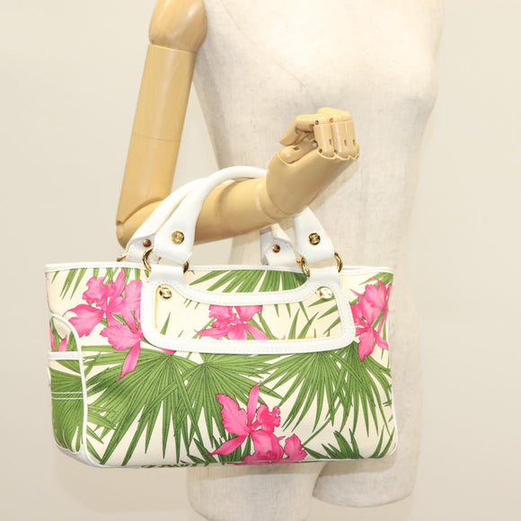 CELINE Hand Bag Canvas White Gold Auth 139166