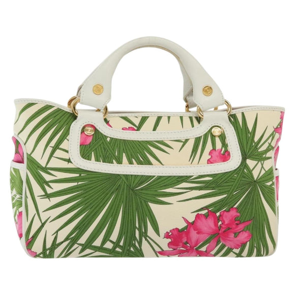 CELINE Hand Bag Canvas White Gold Auth 139166