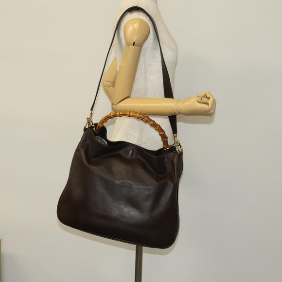 GUCCI Bamboo Shoulder Bag Leather 2way Brown Gold Auth 139168