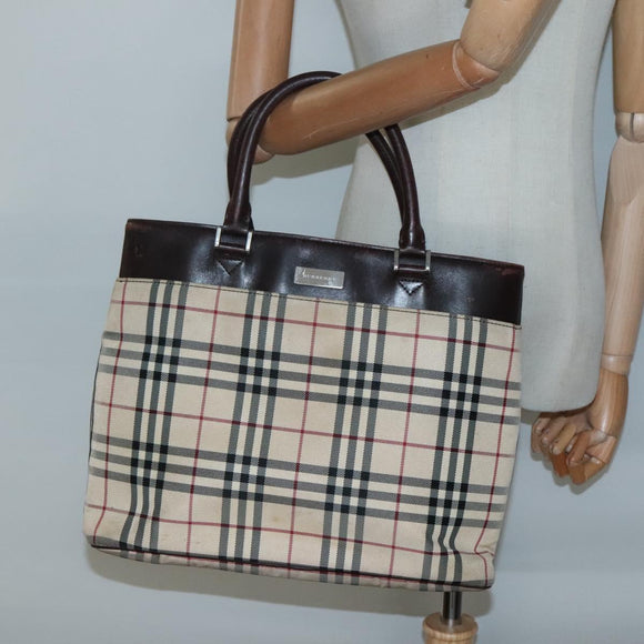 BURBERRY Nova Check Hand Bag Canvas Beige Silver Auth 139256