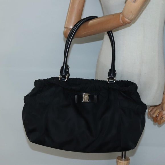 Salvatore Ferragamo Vala Hand Bag Nylon Black Silver Auth 139278