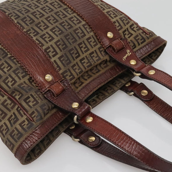 FENDI Zucchino Canvas Tote Bag Brown Gold Auth 139280