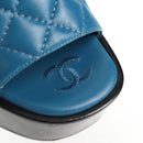 CHANEL Matelasse Heel Sandals Leather Blue CC Auth 139286M-18