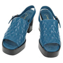 CHANEL Matelasse Heel Sandals Leather Blue CC Auth 139286M-1