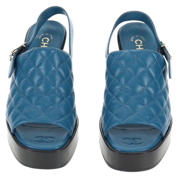 CHANEL Matelasse Heel Sandals Leather Blue CC Auth 139286M