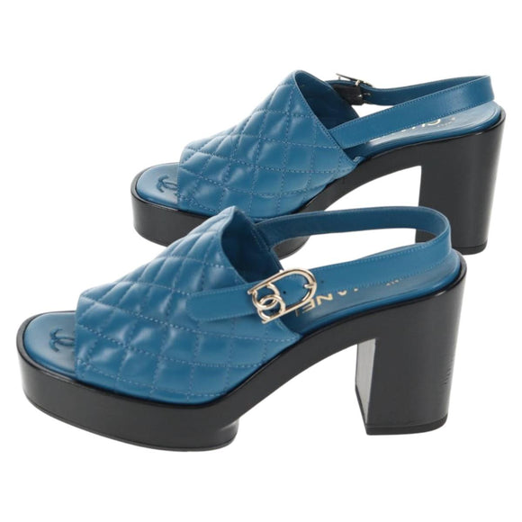 CHANEL Matelasse Heel Sandals Leather Blue CC Auth 139286M