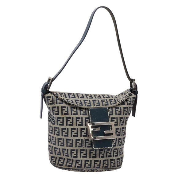 FENDI Zucchino Canvas Mamma Baguette Shoulder Bag Navy Gold Auth 139307