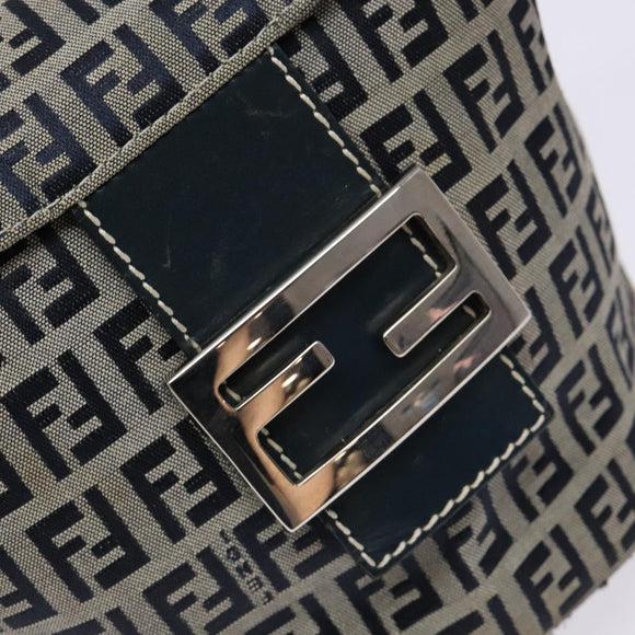 FENDI Zucchino Canvas Mamma Baguette Shoulder Bag Navy Gold Auth 139307