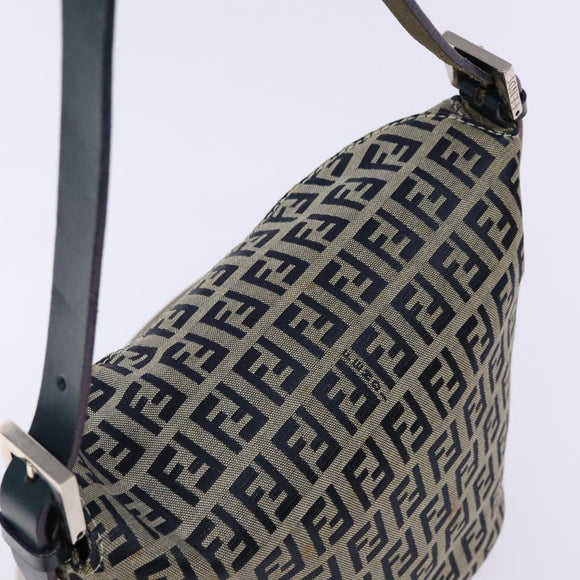 FENDI Zucchino Canvas Mamma Baguette Shoulder Bag Navy Gold Auth 139307