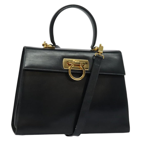 Salvatore Ferragamo Gancini Hand Bag Leather 2way Black Gold Auth 139351