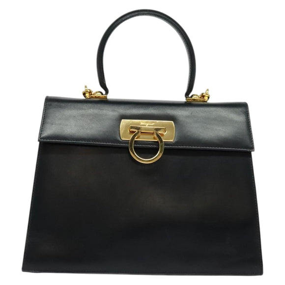 Salvatore Ferragamo Gancini Hand Bag Leather 2way Black Gold Auth 139351
