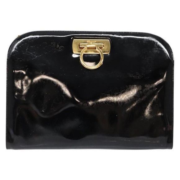 Salvatore Ferragamo Gancini Chain Shoulder Bag Enamel Black Gold Auth 139352