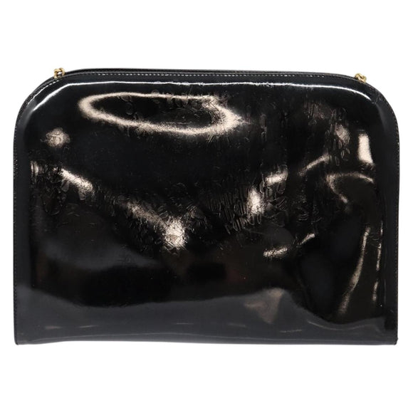 Salvatore Ferragamo Gancini Chain Shoulder Bag Enamel Black Gold Auth 139352