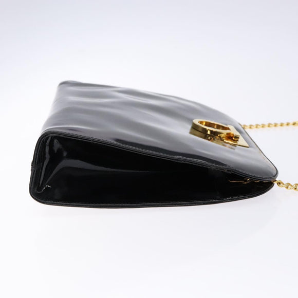 Salvatore Ferragamo Gancini Chain Shoulder Bag Enamel Black Gold Auth 139352