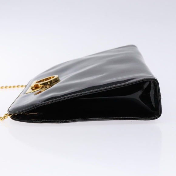 Salvatore Ferragamo Gancini Chain Shoulder Bag Enamel Black Gold Auth 139352