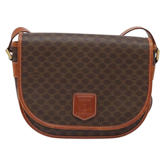 CELINE Macadam Canvas Shoulder Bag PVC Leather Brown Gold Auth 139393