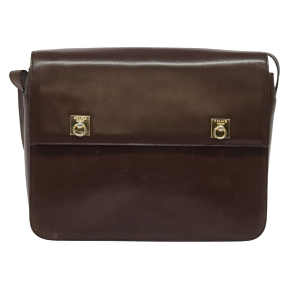 CELINE Shoulder Bag Leather Brown Gold Auth 139394
