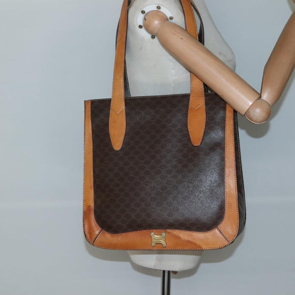 CELINE Macadam Canvas Tote Bag PVC Leather Brown Gold Auth 139407