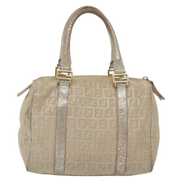 FENDI Zucchino Canvas Hand Bag Silver Gold Auth 139411