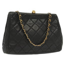 CHANEL Matelasse Chain Shoulder Bag Lamb Skin Black Gold CC Auth 139414-1