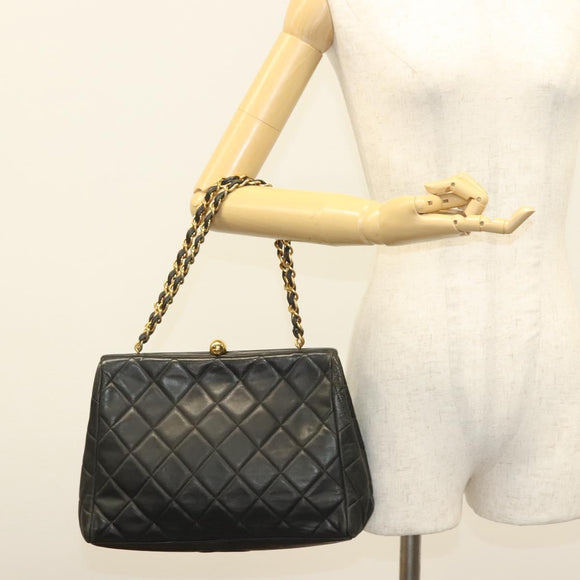 CHANEL Matelasse Chain Shoulder Bag Lamb Skin Black Gold CC Auth 139414