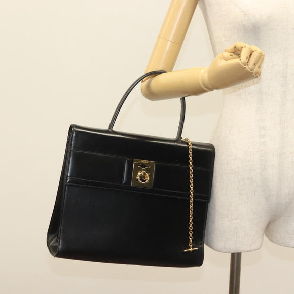 CELINE Hand Bag Leather Black Gold Auth 139446