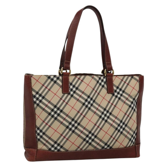 BURBERRY Nova Check Blue Label Tote Bag Canvas Beige Gold Auth 139454