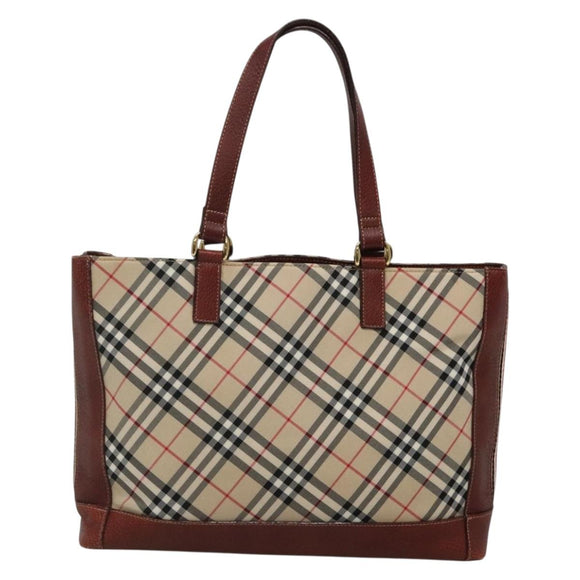 BURBERRY Nova Check Blue Label Tote Bag Canvas Beige Gold Auth 139454