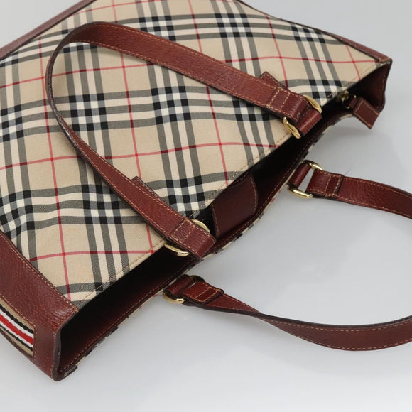 BURBERRY Nova Check Blue Label Tote Bag Canvas Beige Gold Auth 139454