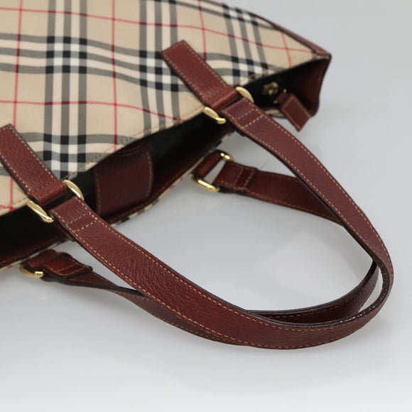 BURBERRY Nova Check Blue Label Tote Bag Canvas Beige Gold Auth 139454