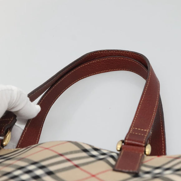 BURBERRY Nova Check Blue Label Tote Bag Canvas Beige Gold Auth 139454