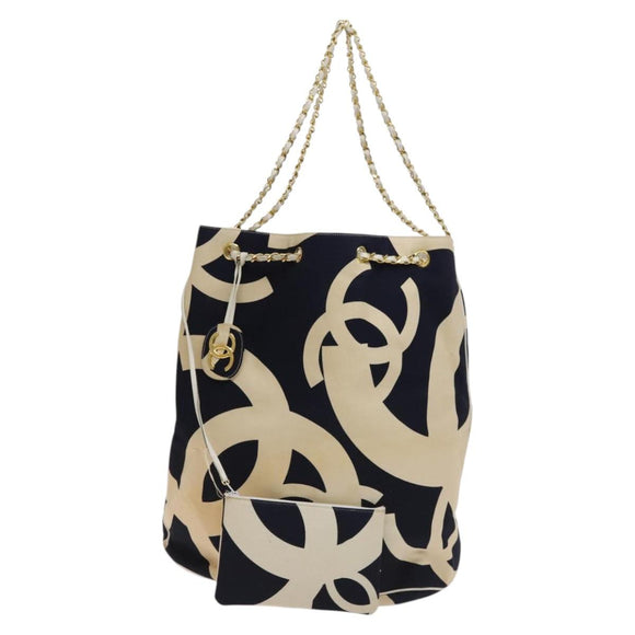CHANEL Chain Tote Bag Canvas Navy Gold CC Auth 139465