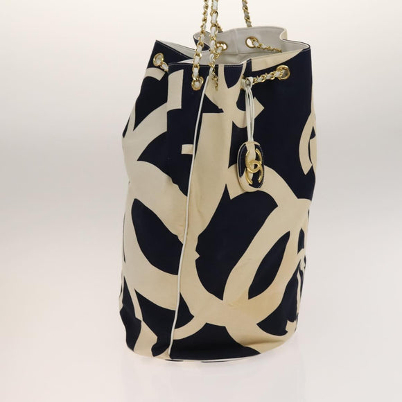 CHANEL Chain Tote Bag Canvas Navy Gold CC Auth 139465