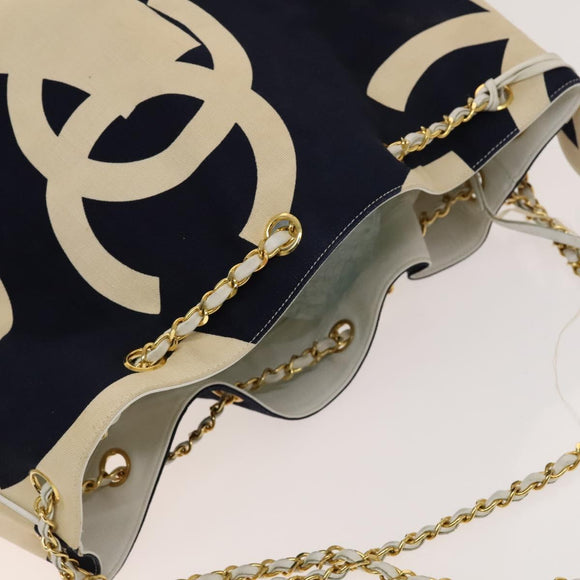 CHANEL Chain Tote Bag Canvas Navy Gold CC Auth 139465