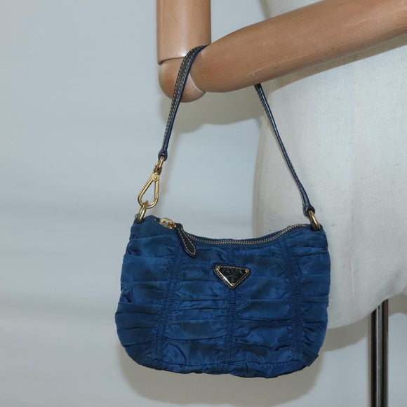 PRADA Accessory Pouch Nylon Blue Gold Auth 139522