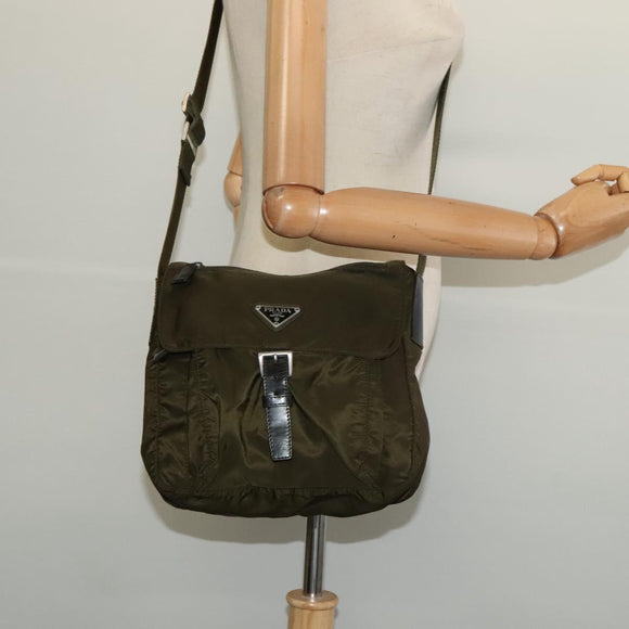 PRADA Shoulder Bag Nylon Khaki Silver Auth 139526