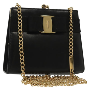 Salvatore Ferragamo Chain Vala Shoulder Bag Leather Black Gold Auth 139529
