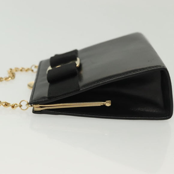 Salvatore Ferragamo Chain Vala Shoulder Bag Leather Black Gold Auth 139529