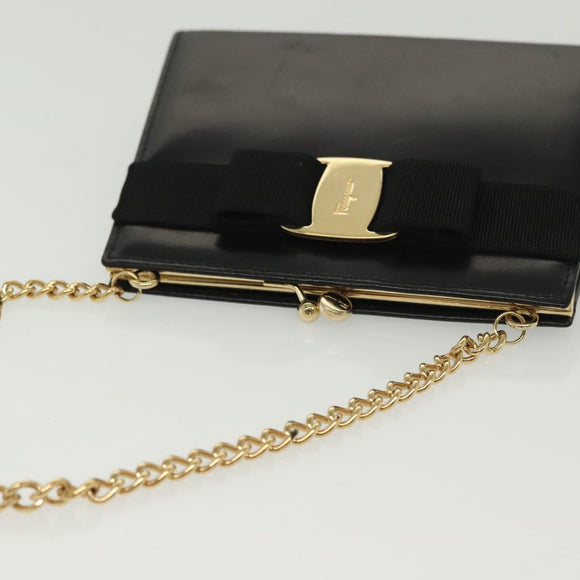 Salvatore Ferragamo Chain Vala Shoulder Bag Leather Black Gold Auth 139529