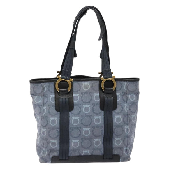 Salvatore Ferragamo Gancini Tote Bag Canvas Blue Gold Auth 139532