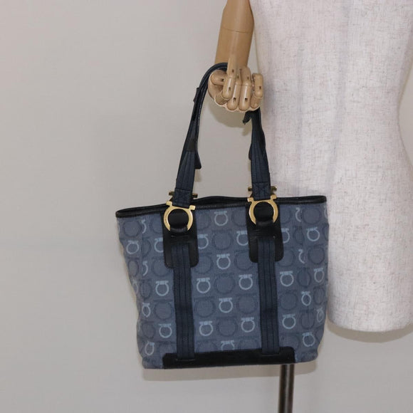 Salvatore Ferragamo Gancini Tote Bag Canvas Blue Gold Auth 139532