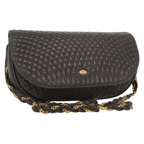 BALLY Chain Shoulder Bag Leather Gray Gold Auth 139538